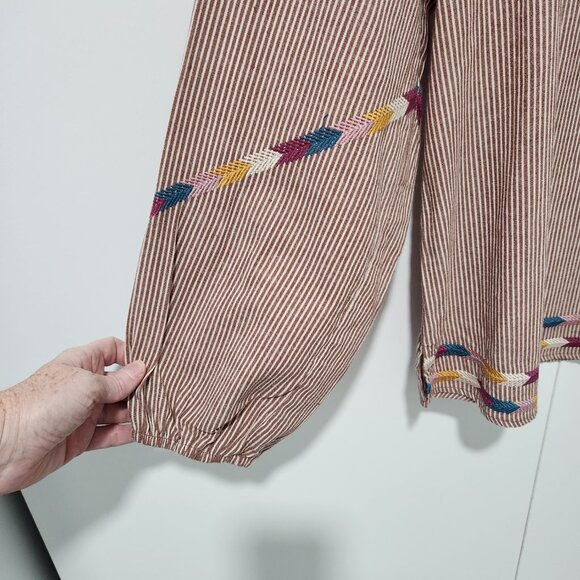 Savanna Jane NEW Long Sleeve Brown Tan Striped Peasant Top with Embroidery Small - Picture 6 of 9